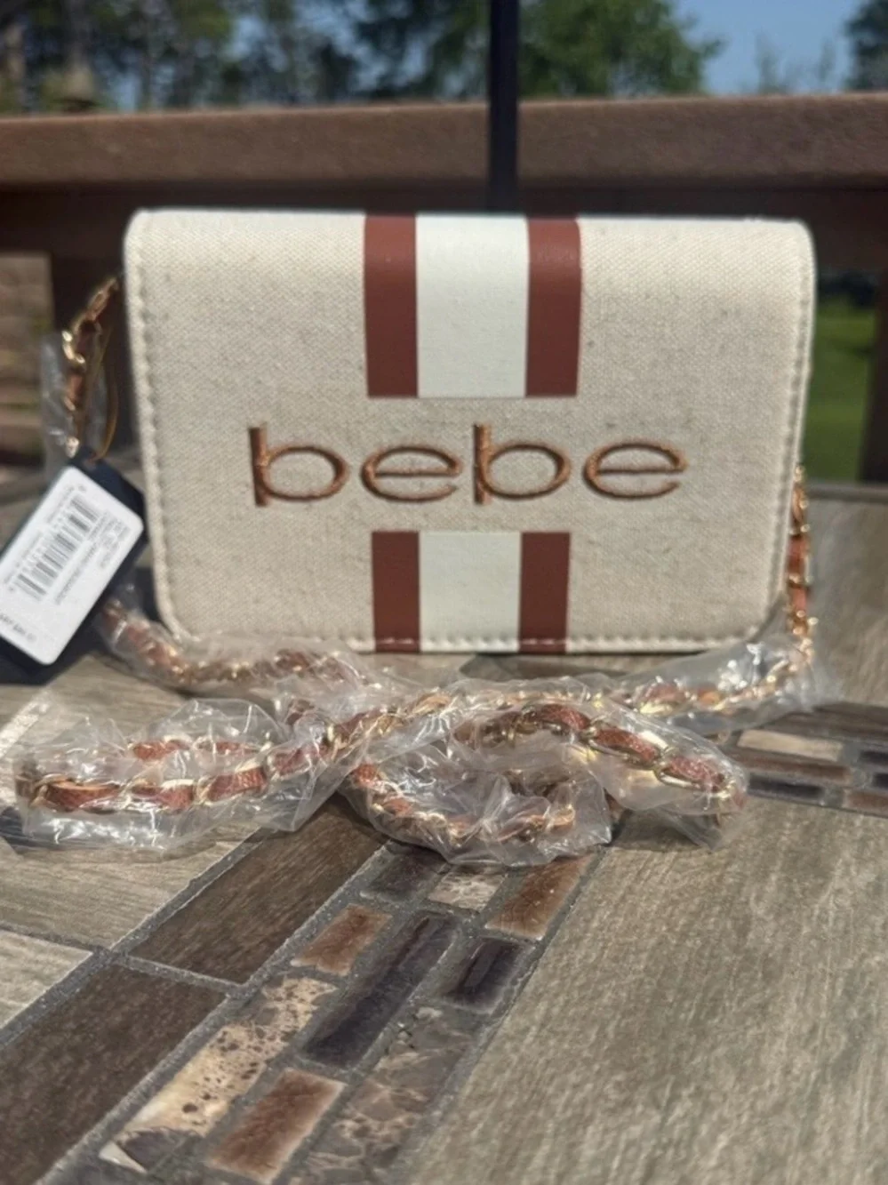 NWT Bebe Paisley Canvas Mini Flap Crossbody Bag Beige Tan and Cream Chain Strap